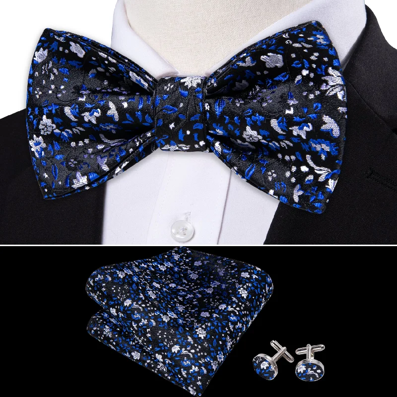 Designer men's silk tie for upscale occasions-Barry Wang Black Blue Flower Silk Self Tie Bow Tie Hanky Cufflinks Set