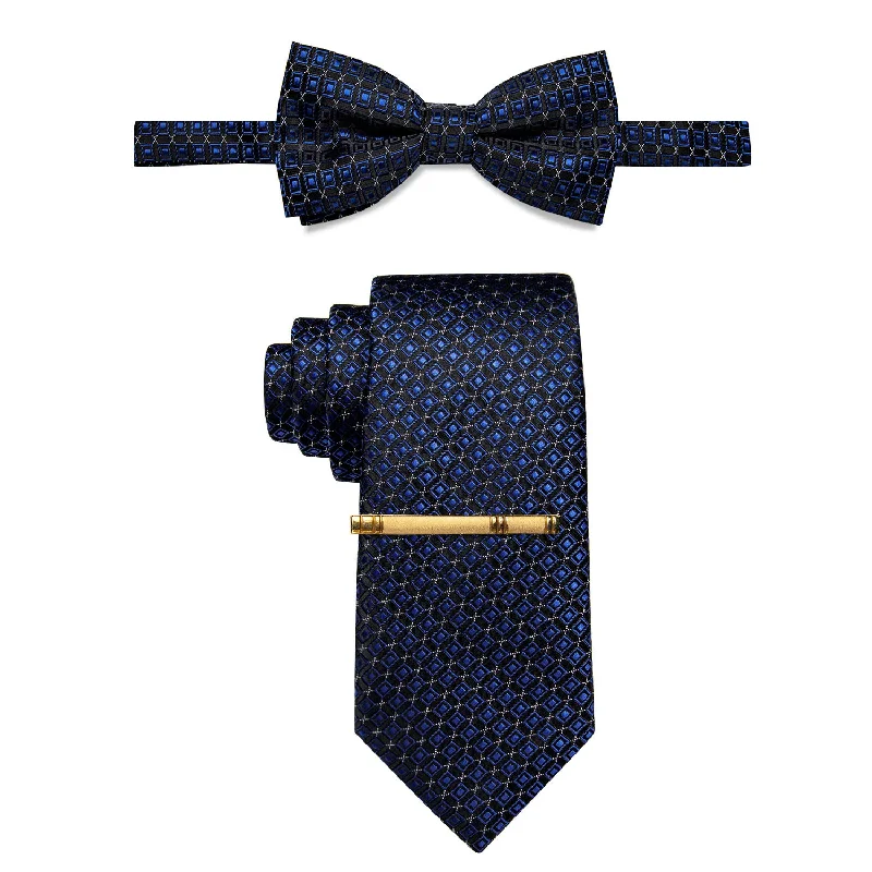 Stylish men's tie for evening parties-YourTies Black Blue Plaid Pre-tied Bowtie Necktie  Golden Tie Clip Set