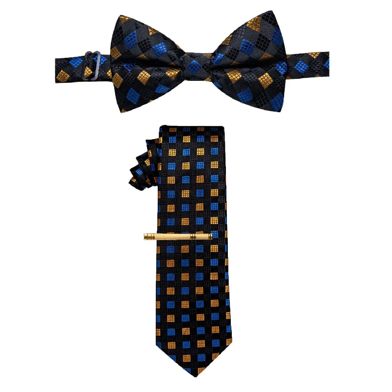 Trendy men's tie with diagonal stripes-YourTies Cube Plaid Pre-tied Bowtie Necktie with Golden Tie Clip Set