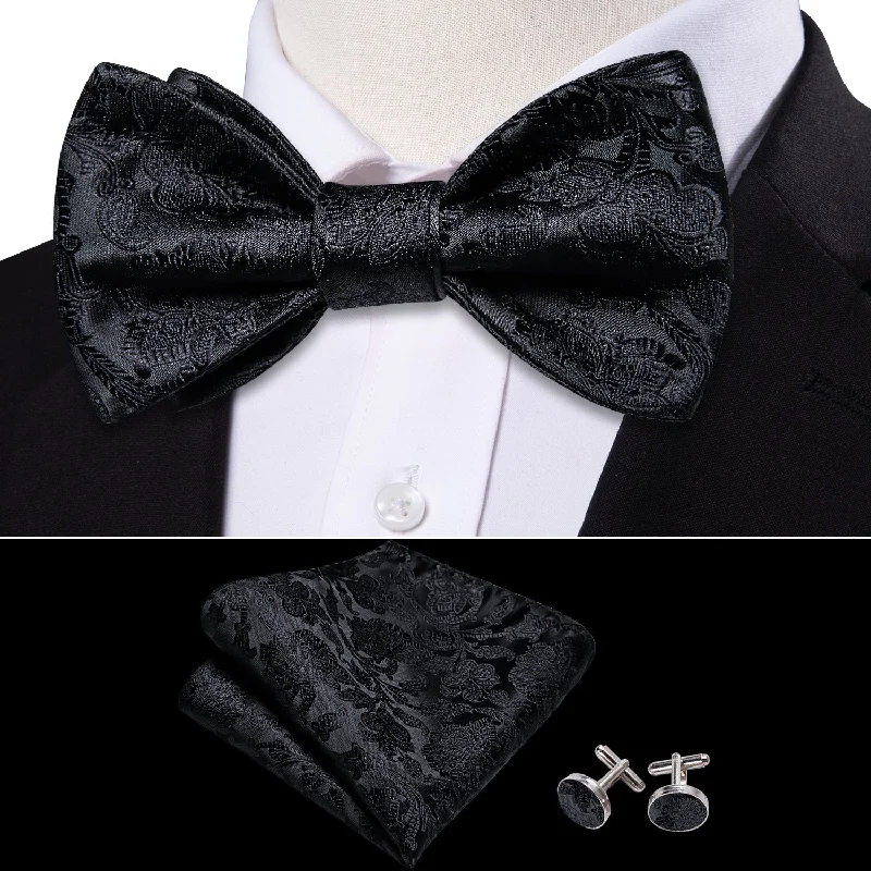 Designer men's tie for upscale dinner events-Barry Wang Men's Black Floral Self Tie Bow Tie Hanky Cufflinks Set