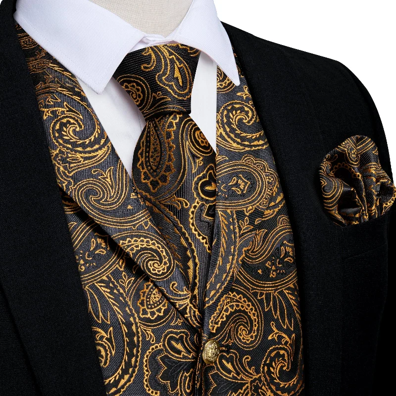 Men's tie with bold patterns for upscale office events-Black Goden Floral Jacquard V Neck Waistcoat Vest Tie Handkerchief Cufflinks Set