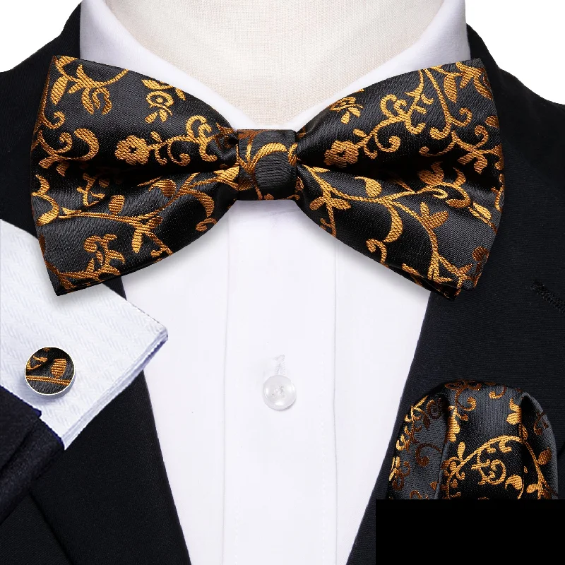 Men's tie for upscale events with luxurious finish-Barry Wang Black Gold Floral Pre-tied Silk Bow Tie Hanky Cufflinks Set