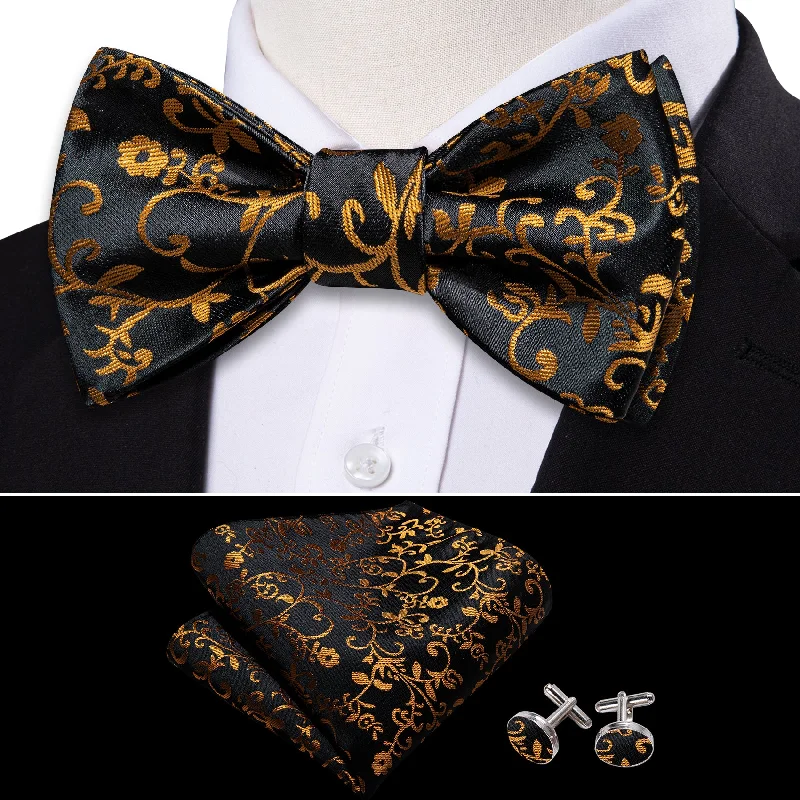 Best tie for men's formal dinner parties-Barry Wang Black Gold Floral Silk Self tie Bow Tie Hanky Cufflinks Set