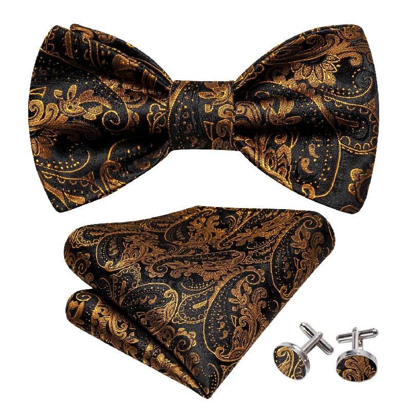 Men's tie with bold stripes for business meetings-Barry Wang Black Gold Paisley Bow Tie Hanky Cufflinks Set for Men