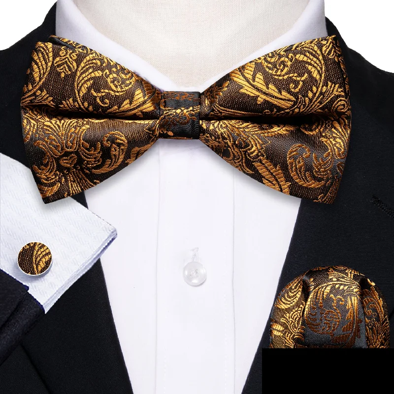 Men's tie with smooth silk texture for office wear-Barry Wang Gold Tie Black Paisley Pre-tied Bow Tie Hanky Cufflinks Set