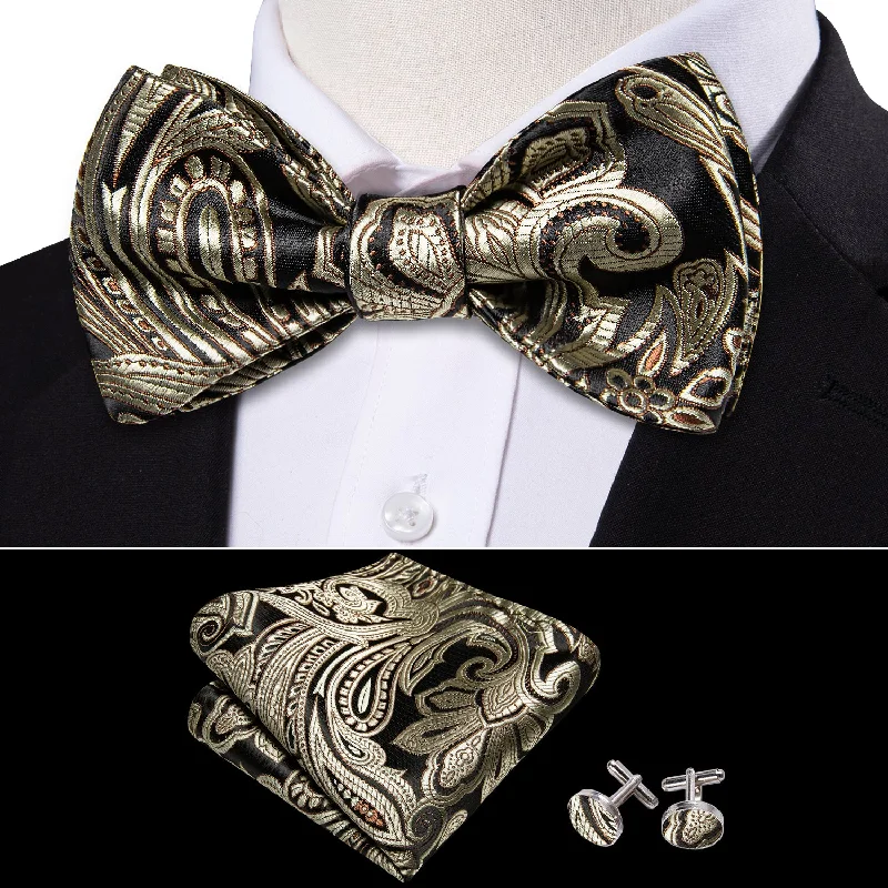 Designer silk tie for a wedding reception-Barry Wang Black Gold Paisley Men Self Tie Bow Tie Hanky Cufflinks Set