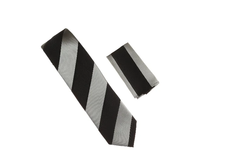 Men's tie with colorful checks for formal events-Black & Grey Stripes Silk Tie With Matching Pocket Square