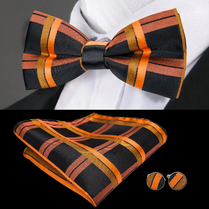 Men's tie with solid patterns for modern business attire-Barry Wang Black Orange Plaid Pre-tied Men Bow Tie Hanky Cufflinks Set