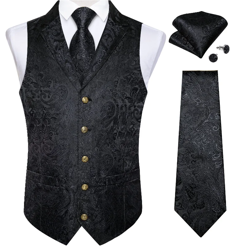 Men's tie with vintage design for a classy look-Black Paisley Jacquard V Neck Waistcoat Vest Tie Handkerchief Cufflinks Set