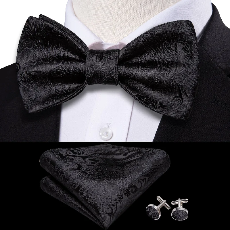 Designer silk tie for upscale corporate functions-Barry Wang Mens Black Tie Paisley Self Tie Bow Tie Hanky Cufflinks Set