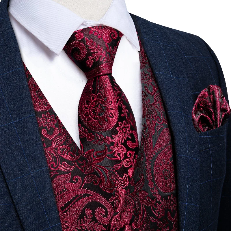 Men's tie for a stylish corporate appearance with sharp design-Black Red Floral Jacquard Silk Waistcoat Vest Tie Pocket Square Cufflinks Set