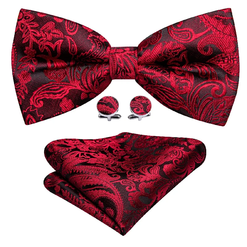 Stylish men's tie with classic pinstripes-Barry Wang Black Red Paisley Pre-tied Mens Bow Tie Hanky Cufflinks Set