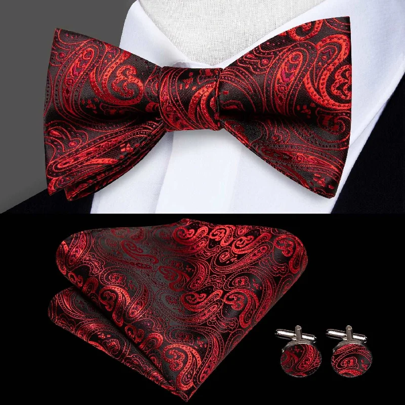 Men's tie with modern art-inspired design for work-Black Red Paisley Pre-tied Bow Tie Pocket Square Cufflinks Set