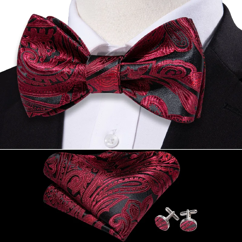 Men's tie for high-end office meetings-Barry Wang Black Red Paisley Self Tie Bow Tie Hanky Cufflinks Set