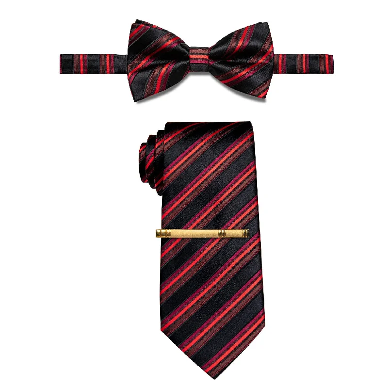 Men's tie for sophisticated occasions with floral accents-YourTies Black Bow Tie Red Stripes Pre-tied Bowtie Necktie Clip 3PCS Set