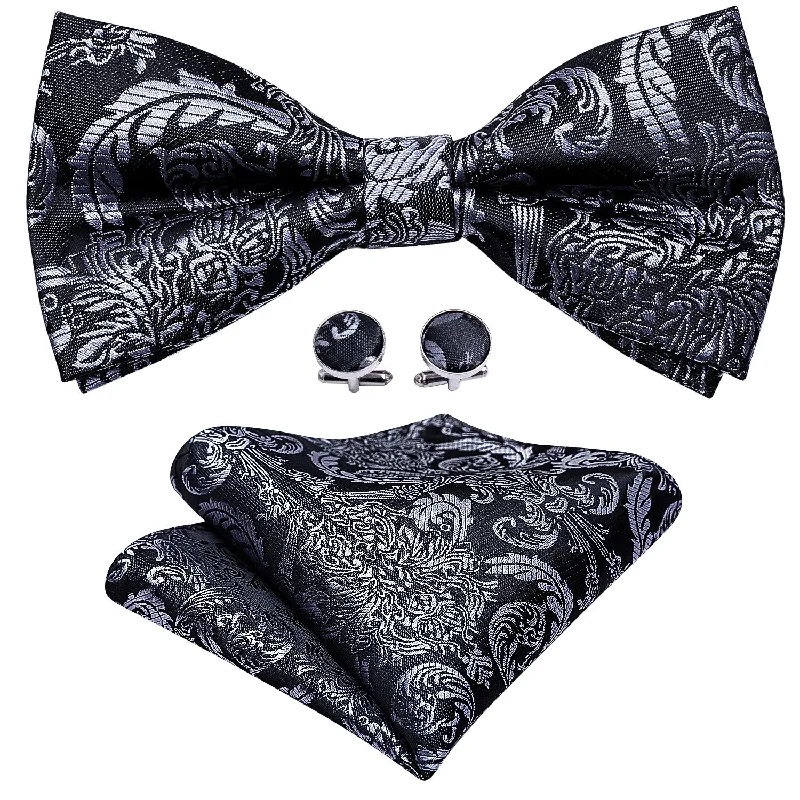 Men's tie for holiday parties with bold colors-Barry Wang Black Silver Paisley Pre-tied Bow Tie Hanky Cufflinks Set