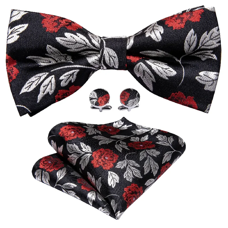 Designer tie for formal occasions with jacquard finish-Barry Wang Black Silver Paisley Pre-tied Bow Tie Hanky Cufflinks Set