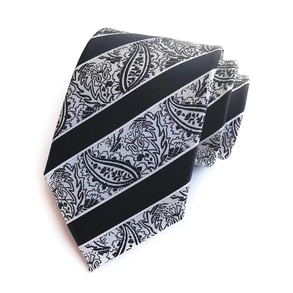 Classic men's tie for formal business events-Classy Men Black Striped Silk Paisley Tie