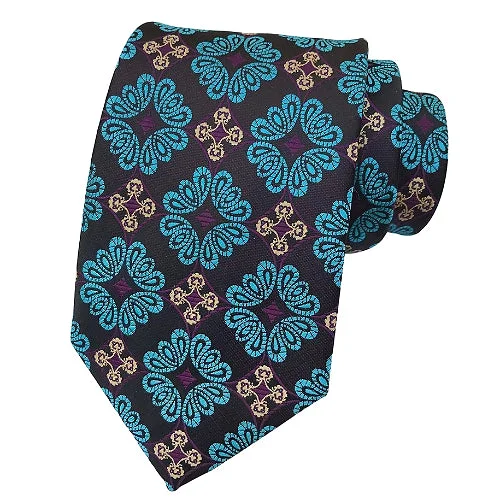 Designer tie for men with modern geometric designs-Classy Men Black Turquoise Floral Silk Tie