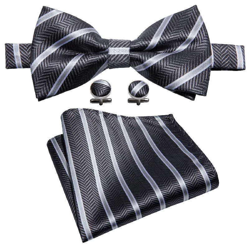 Men's tie for sophisticated corporate events-Barry Wang Dark Grey Ties Stripe Pre-tied Bow Tie Hanky Cufflinks Set