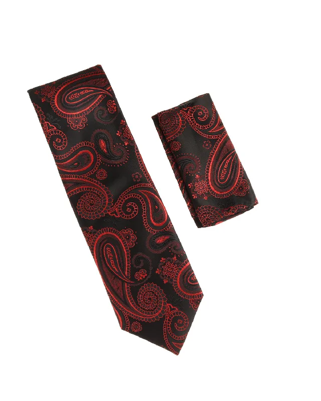 Stylish men's tie for professional gatherings-Black With Red Paisley Designed Tie with Matching Pocket Square WTH-987