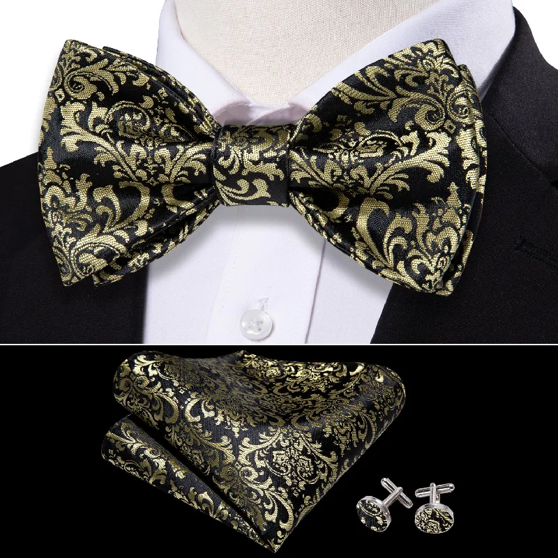 Men's tie with geometric lines for modern business attire-Barry Wang Black Yellow Floral Self Tie Bow Tie Hanky Cufflinks Set