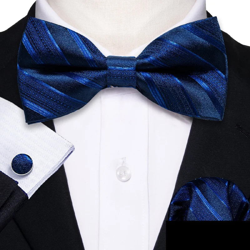 Men's tie with vibrant floral accents for formal gatherings-Barry Wang Blue Black Striped Silk Pre-tied Bow Tie Hanky Cufflinks Set