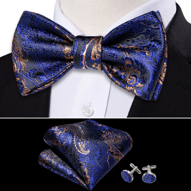 Classic men's tie with rich green tones for formal occasions-Barry Wang Blue Brown Paisley Silk Self Tie Bow Tie Hanky Cufflinks Set