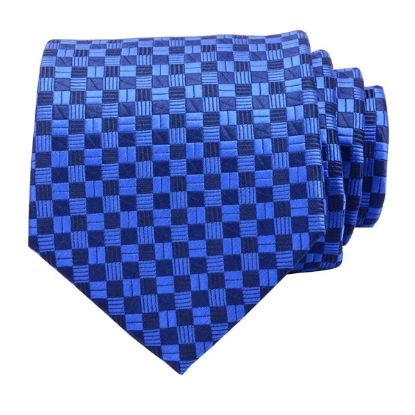 Men's tie with geometric lines for modern business attire-Classy Men Blue Checkered Silk Necktie