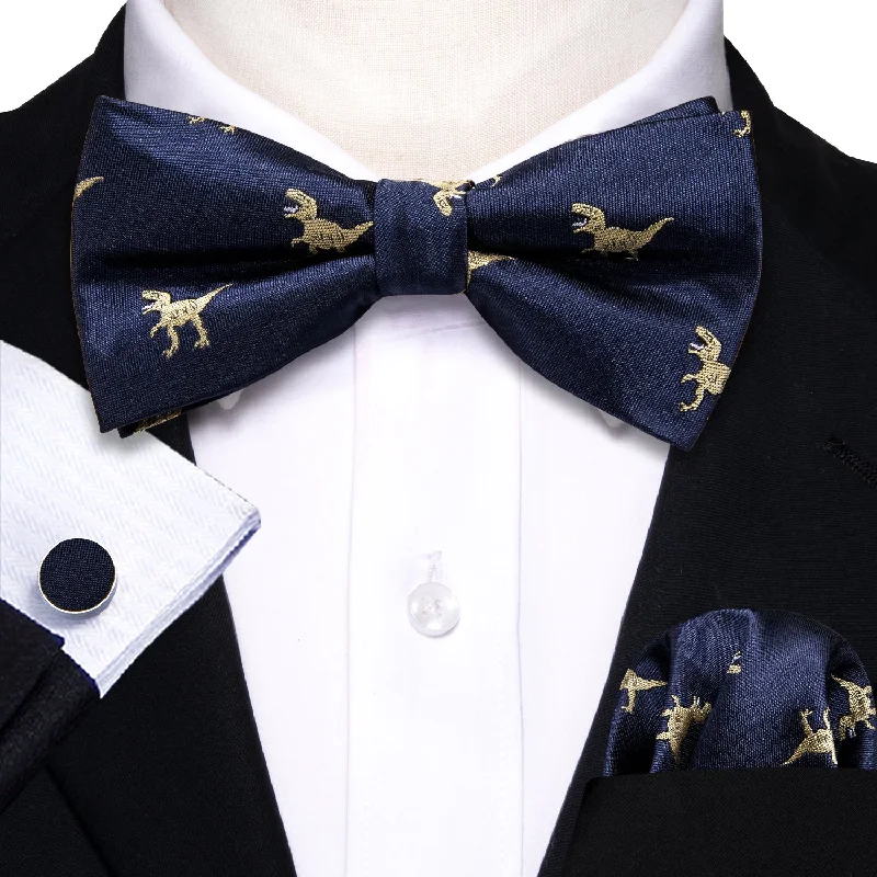 Best men's tie for a corporate wedding event-Barry Wang Navy Blue Dinosaur Pre-tied Men Bow Tie Hanky Cufflinks Set