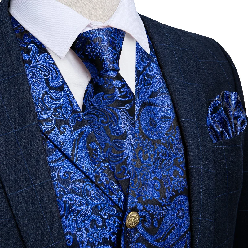 Classic men's tie for business events with sleek design-Blue Floral Jacquard V Neck Waistcoat Vest Tie Handkerchief Cufflinks Set