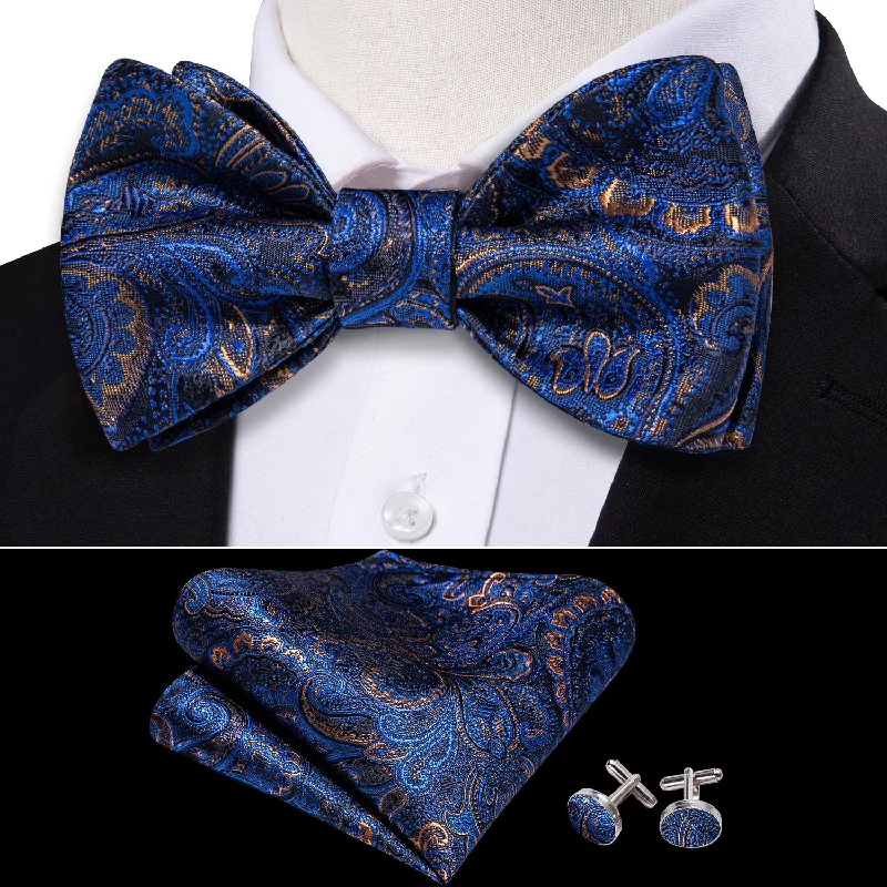 Men's tie with a sophisticated texture for high-end meetings-Barry Wang Blue Gold Paisley Self Tie Silk Bow Tie Hanky Cufflinks Set