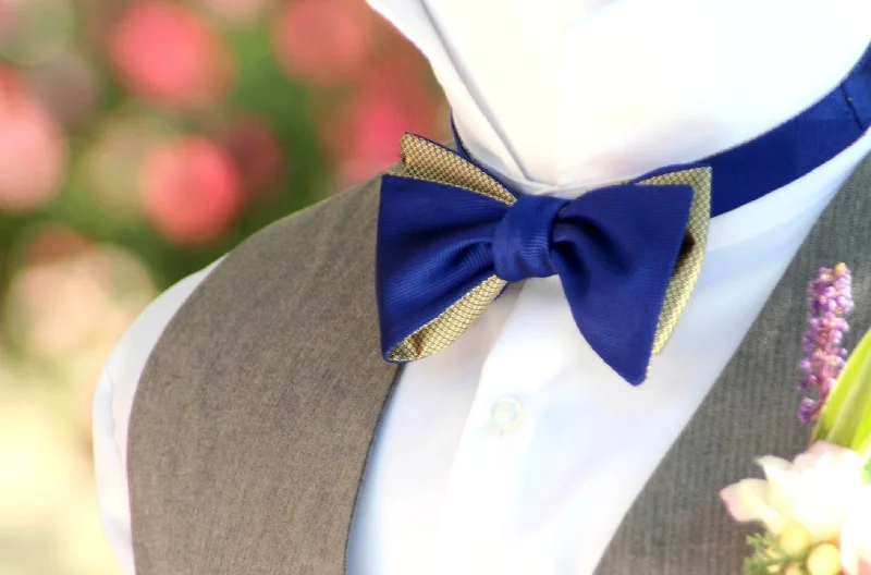 Classic men's tie for professional and formal attire-Royal Blue Gold Reversible Self-Tie Bow Tie