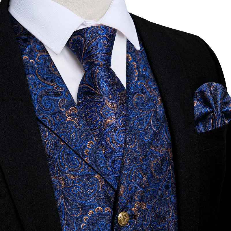 Men's tie with bold stripes for a professional appearance-Blue Golden Floral Jacquard V Neck Waistcoat Vest Tie Handkerchief Cufflinks Set