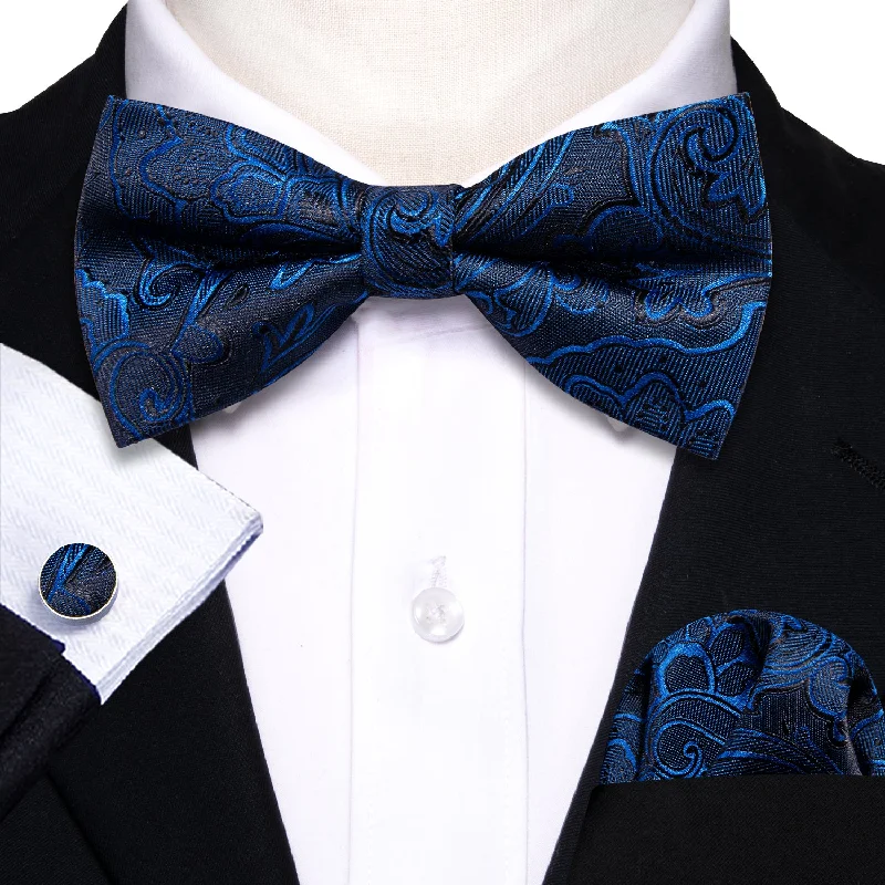 Designer men's tie with premium fabric for weddings-Barry Wang Deep Blue Paisley Mens Pre-tied Bow Tie Hanky Cufflinks Set