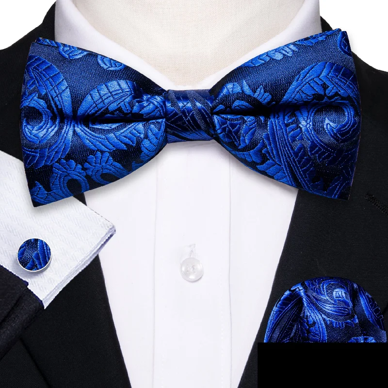 Designer tie with bold prints for business wear-Barry Wang Bright Blue Paisley Pre-tied Bow Tie Hanky Cufflinks Set