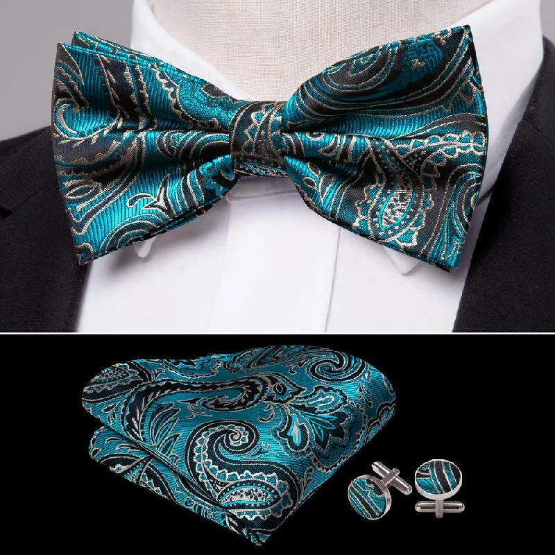 Classic men's tie for sophisticated office look-Barry Wang Teal Blue Paisley Pre-tied Mens Bow Tie Hanky Cufflinks Set