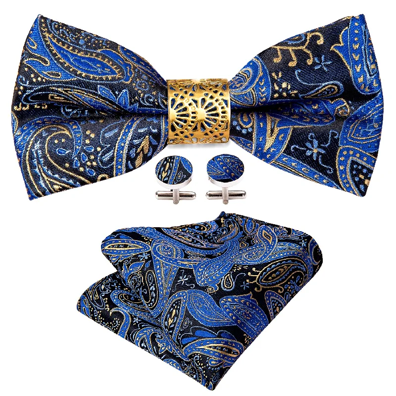 Classic men's tie with fine geometric design-Barry Wang Blue Paisley Pre-tied Bow Tie Gold Ring Hanky Cufflinks Set