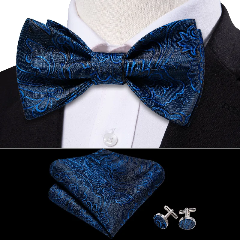 Men's tie with subtle checks for business wear-Barry Wang Blue Neck Tie Paisley Self Tied Bow Tie Hanky Cufflinks Set