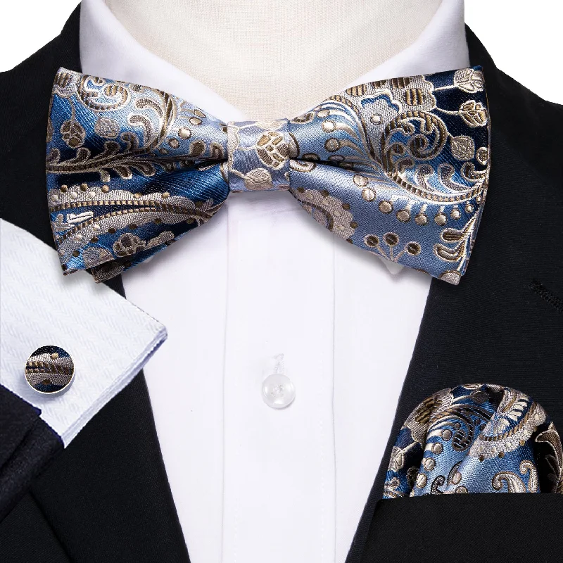 Luxury silk tie for men's evening wear-Barry Wang Blue Silver Paisley Pre-tied Bow Tie Hanky Cufflinks Set