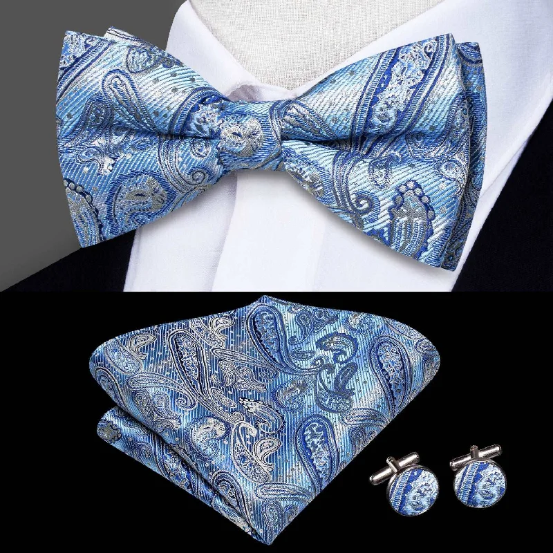 Best men's tie with vintage paisley design-Blue Silver Paisley Pre-tied Bow Tie Pocket Square Cufflinks Set