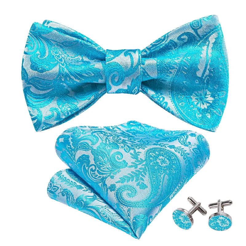 Men's tie with modern color blocking design-Barry Wang Blue Silver Paisley Self Tie Bow Tie Hanky Cufflinks Set