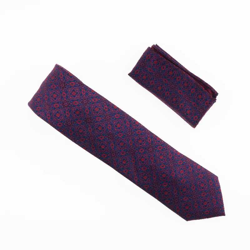 Men's tie for luxury dinners with contemporary design-Navy and Red  Designed Extra Long Necktie With Matching Pocket Square