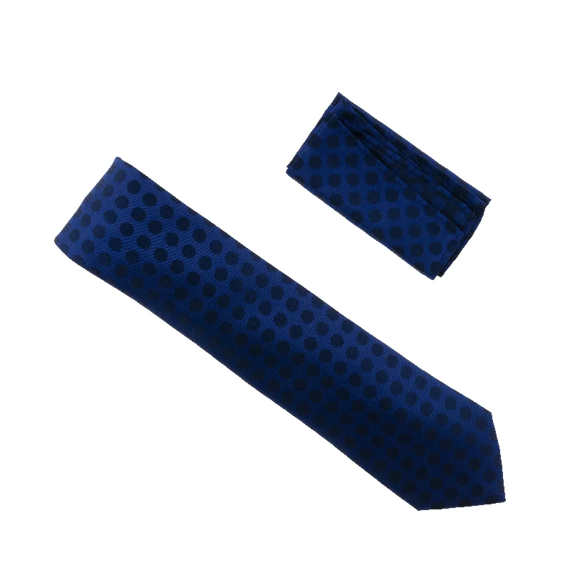 Men's tie with subtle floral print for formal wear-Blue with Navy Polka Dots Silk Tie with Matching Pocket Square