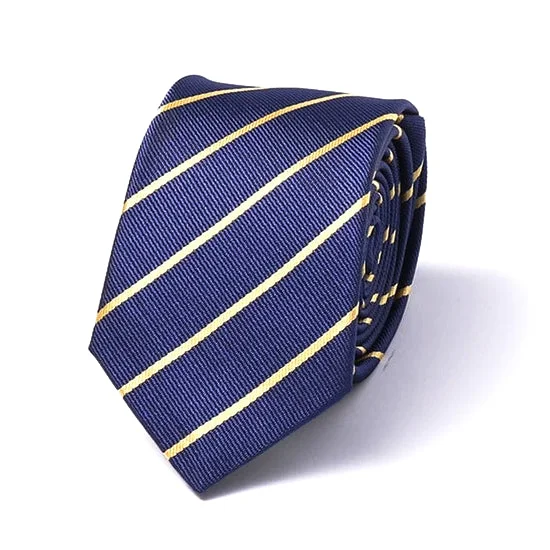 Best men's tie for upscale dinner parties-Classy Men Blue Yellow Striped Silk Skinny Tie