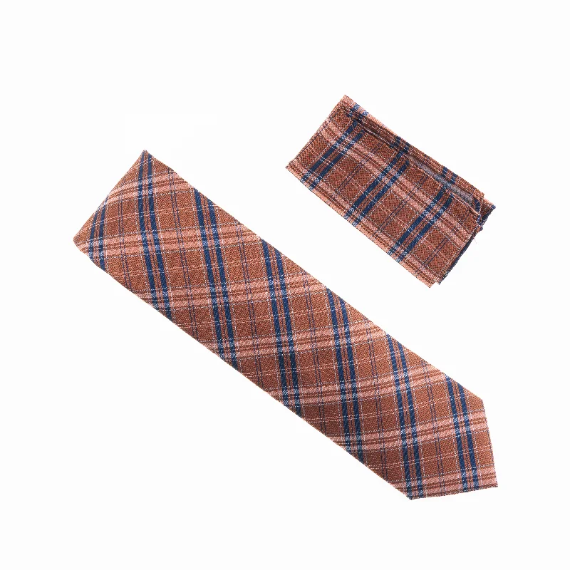 Men's tie for a classic look with solid color blocks-Bronze with Navy and Mini Silver Striped Designed Necktie Tie with Matching Pocket Square