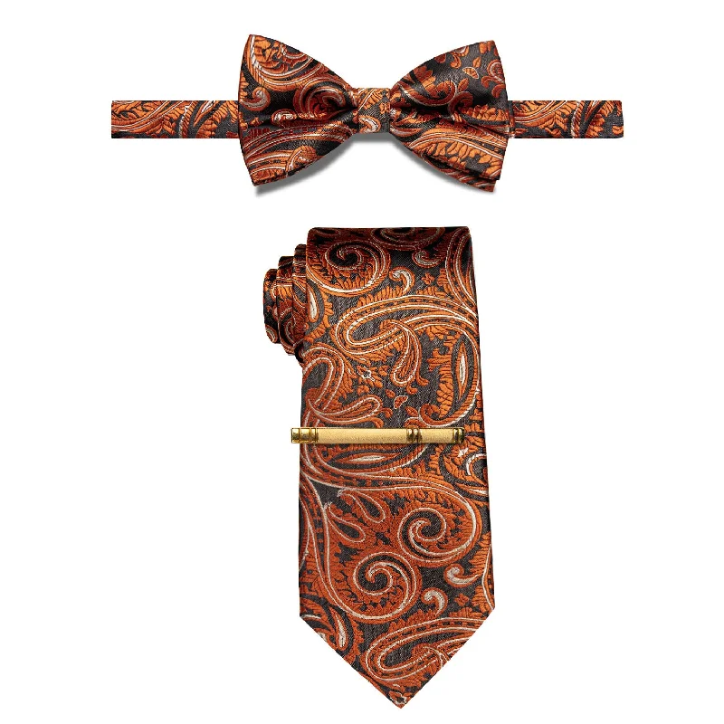 Men's tie with vibrant accents for corporate parties-YourTies Brown Bronze Gold Paisley Pre-tied Bowtie and Necktie with Golden Tie Clip Set