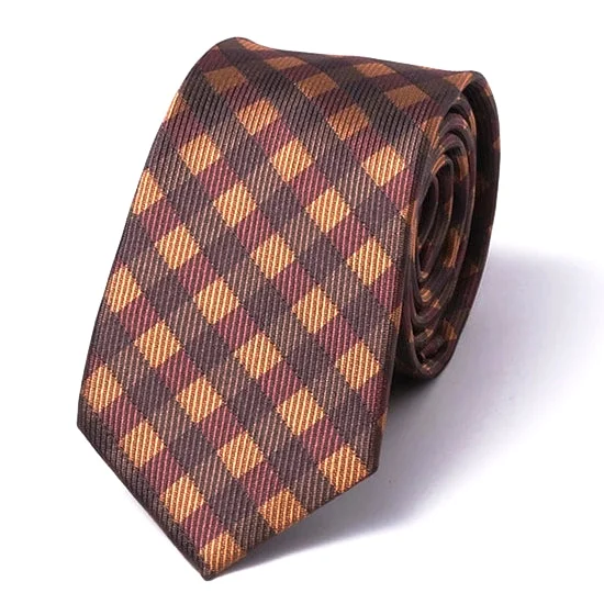 Men's tie for stylish office wear with vibrant hues-Classy Men Brown Gingham Silk Skinny Tie