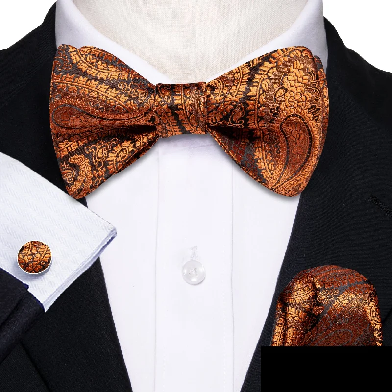 Men's tie with fine fabric for weddings and formal events-Barry Wang Brown Paisley Self Tie Bow Tie Hanky Cufflinks Set