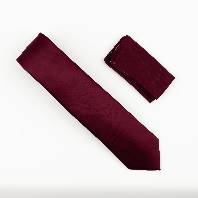 Men's tie for business casual office wear-Burgundy Satin Finish Silk Necktie with Matching Pocket Square